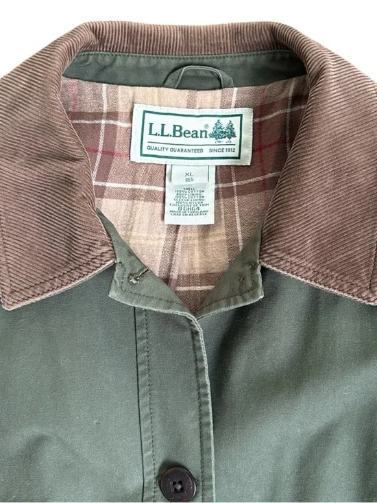 L.L. Bean Vintage Barn Coat Army Green Corduroy Collar Plaid Lined Women’s XL - Picture 5 of 7